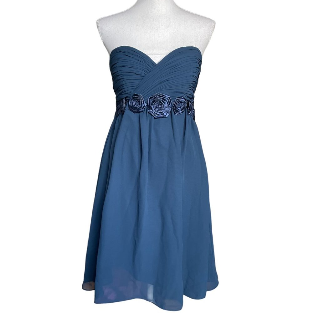 Sweetheart Rosette Dress 6 Strapless Ruched Chiffon Satin Ribbon Flowy Blue Knee